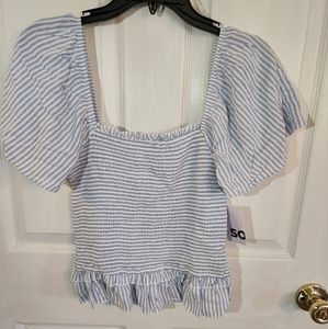 Blue and white striped off shoulder crop top